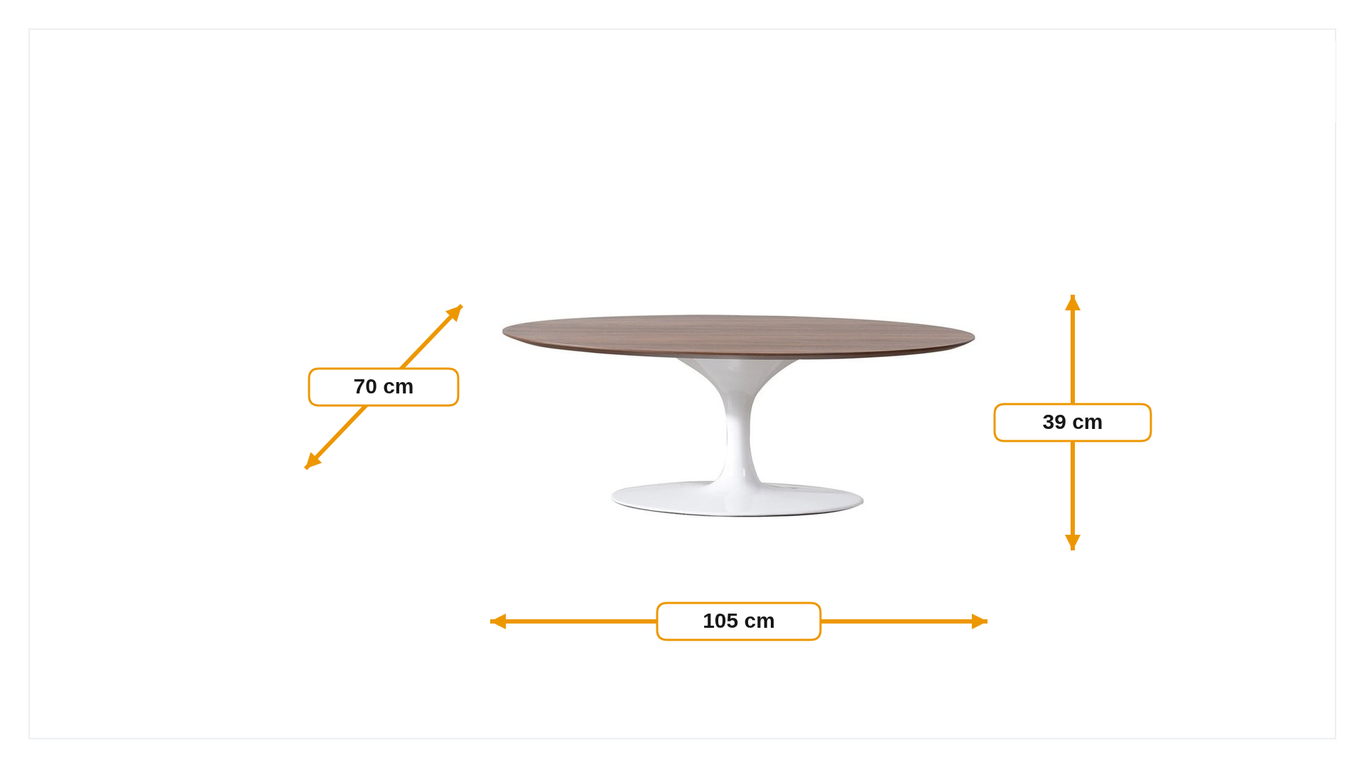 Product dimensions for Coffee tabell Tulpanbord Oval Topp valnöt Bas vit | FurnFurn