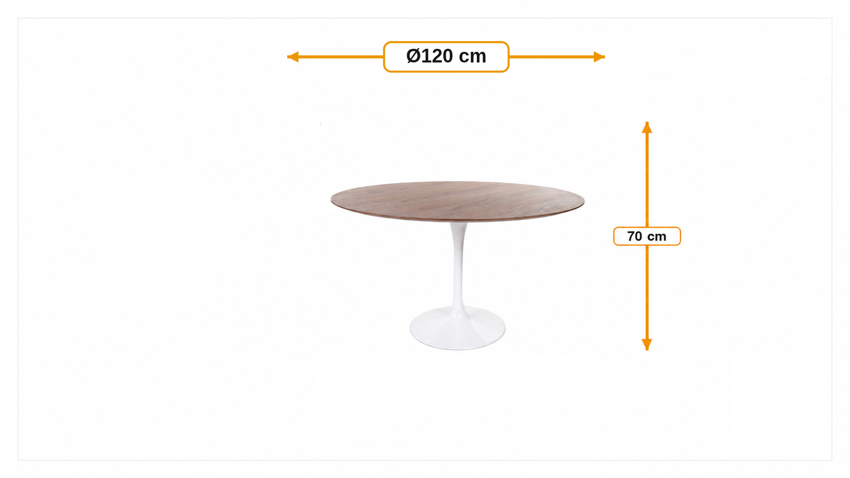 Product dimensions for Esstisch Tulip Table 120cm Platte Nussbaum Basis weiß | FurnFurn